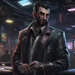 Generate a visually striking and realistic artwork of a Cyberpunk fixer who operates a casino. The fixer is characterized by being short and heavier in build, exuding an air of authority and cunning. His distinct features include greasy black combed-over hair, reminiscent of a classic James Bond villain. The fixer is impeccably dressed in a tacky yet stylish suit that complements his unique persona. The casino setting should be reflected in the background with neon lights and futuristic elements