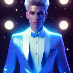 Handsome cosmic man, glitter blue and white prince suit with jewels, long blond hair, blue eyes, cinematic lights, octane render, unreal engine 5, 4k, focus details