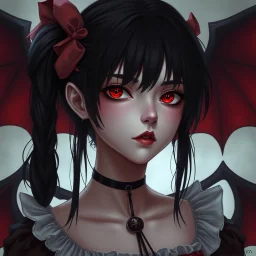 a pretty girl, 14 years old, black hair, vampire, red eyes, realism, stylised, fantasy, mystery