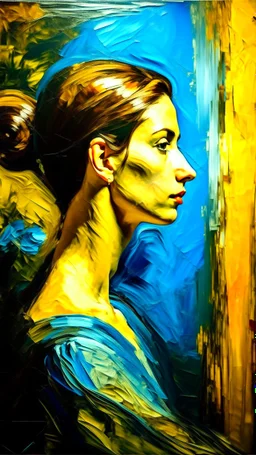 Side profile of a beautiful young woman front view with her aspirations behind her. Opulent Van Gohn style painting