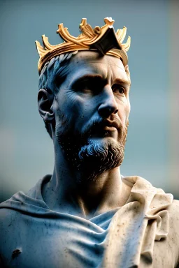 Ultra Realistic image, Roman sculpture, white marble material, Lionel Messi, gold crown of natural thorns, god crown, Renaissance style, sun rays background, waist up portrait, epic, celestial, cinematic lighting, God lights, 4k resolution, smooth details, soft lighting, unreal engine 5, art station, substance 3d.