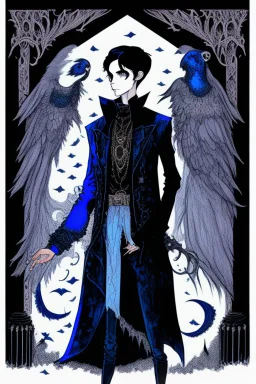 black haired blue-eyed young man necromancer wizard with gothic jewelry in the style edward gorey