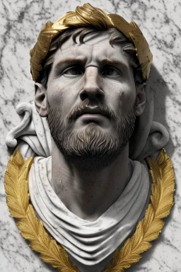 Ultra Realistic image, Roman sculpture, clean white marble material, Lionel Messi, gold Laurel leaves wreath, renaissance ornaments, one gold star, blue sky background, waist up portrait, epic, cinematic lighting, god light, 4k resolution, smooth details, ornate details, soft lighting, unreal engine 5, art station, substance 3d, art concept.