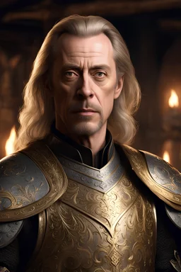 portrait of a steve buscemi as a fighter cleric, long blonde hair, dressed in an ornamented light plate armor with a cloak, standing in a tavern, dark eyes, realistic, dim torch lighting, cinematic lighting, highly detailed face, very high resolution, looking at the camera, centered