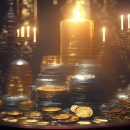 dynamic lighting, Intricately detailed, Splash screen art, deep color, Unreal Engine, volumetric lighting, silver coins, gold coins, silver treasure, stacked coins, indoors, candle, altar, black table, sigil,