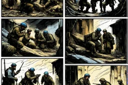 Masterpiece1:5)(Fineart), (award-winning:1.5), highest quality, war journalism, ink and colored pencil sketch of photocollage (by Gustave Doré, Jan Saudek:1.5),(Eastern Ukraine:(panel one:the moment after a battle ends, horrors of war, wounded men),(2nd panel, cinematic shot of men sitting in trench with 1000 yard stare (focus on their eyes:1.5)),(the third panel shows troops tired but hyper alert), (the fourth panel shows the sky is filled with incessant, fire and smoke everywhere,)