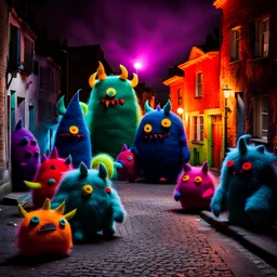 monsters in a street, made of felt, volumetric light, hypermaximalist, odd, paranoic light