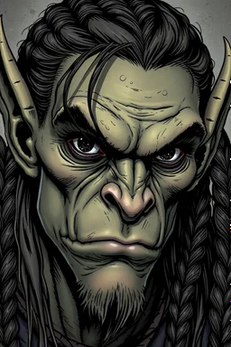 highly detailed dungeons and dragons character portrait of the face of a young male half Orc , tall, slender humanoid with rough, leathery skin and bright black eyes, sunken deeply in their orbits, long and angular skull with small, highly placed flat nose, and ears that are pointed. Highly detailed hair long hair in braids in the comic art style of Bill Sienkiewicz, Mike Mignola, and Jean-Giraud Moebius