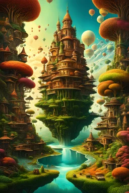 create a wildly imaginative neo -surrealist alternate reality by George Grie, and Jacek Yerka, rich complimentary colors, abstract, and highly detailed, digital composite, 8k, 3d