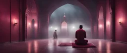 Hyper Realistic man praying inside a maroon wall mosque with thick fog & rainy night