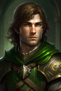 half elf male, ranger knight. with heavy armor. Brown hair, green eyes, scars. in baldur's gate portrait style.
