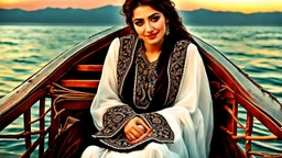 Hyper Realistic Photographic-Close-View Young Beautiful Happy Pashto Woman-Alone with beautiful eyes wearing white-embroidery-Dress-with-velvet-black-shawl Happily-Sitting in a ship-decorated-with-flowers-&-garland-lights in-the-middle-of-sea with cloudy-moonlight at beautiful-dark-night showing dramatic & cinematic ambiance.