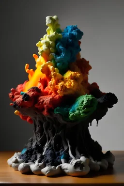 sculpture of a volano using clay painted ith pipe cleaners at the top to create an explosion