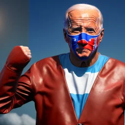 realistic image of joe biden as a mexican wrestling fighter posing outdoors, Mexican eyes wrestling mask, red and blue breeches, retro style, 80s, vibrant color, highly detailed, sky background, concept art, unreal engine 5, god rays, ray tracing, RTX, lumen lighting, ultra detail, volumetric lighting, 3d, finely drawn, high definition, high resolution.