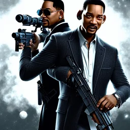 portrait, will smith, Men in Black, firing massive gun, scared, dynamic lighting, 8k, ultra detailed