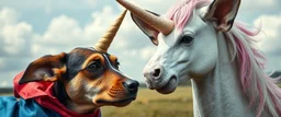 badly painted super dog vs unicorn looking confused in close up