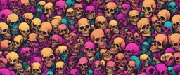 a field of 1000s of cartoonish, anatomically correct, skulls, vivid RANDOM BRIGHT neon colors, dark comedy, well lit, high detail, photorealistic, horrorcore, fun, scary, dead