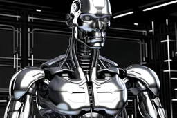 sculpted in the style of Michelangelo every square inch of his rippling epidermis brilliantly gleams like newly polished chrome 8 foot tall android robot nod to 1950's tv scifi lore depicted as accurate model to actual scale pro quality photo real