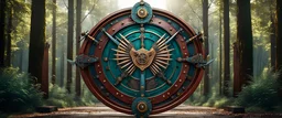 High-end hyperrealism symmetrical Steampunk ((logo ARD)), swords and shield symmetry, placed 10 metres away from the camera, inspired cinematic photography, symmetry forest alley background, Aesthetic combination of sage green and blue metallic and honey red, Vintage style with brown pure leather accents, Art Nouveau visuals with Octane Render 3D tech, Ultra-High-Definition (UHD) cinematic character rendering, Detailed close-ups capturing intricate beauty, Aim for hyper-detailed 8K