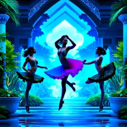 3D fractal recursive art of dancer girls in a futuristic magical villa garden. Intricate, detailed, dreamlike, fantastical, surreal, volumetric, layered, geometric patterns. Ethereal, shimmering, otherworldly. Elegant, graceful dancers in motion, surrounded by lush, verdant vegetation, ornate architecture, and glowing, luminescent elements. Vibrant, saturated colors. Mystical, sci-fi, utopian atmosphere