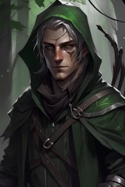 35 year old male dark rogue wood elf, thief assassin, Mauve hair, messy hair, bright green eyes, brown skin, black hood, black leather, messy, disheveled, trees, sneaky, bow and arrows, tall, skinny