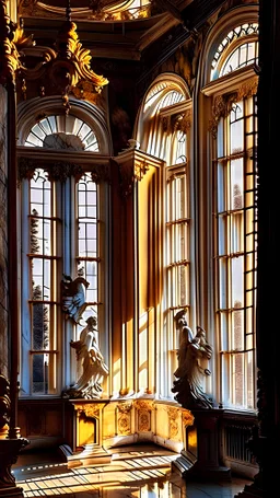 A beautiful view of the windows of the palace hall with two angel statues