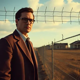 Photorealistic style, wasteland, Truman show, noon-light, huge fence in the background, movie shot, details, high contrasts, fence, powder, aluminum, row of houses