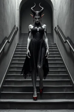 black and white digital art from a demonic dark elf queen in black lace dress and red shooes standing on stairs , crepy stunning , she looking defiantly in the camera , high detalied, realistic, dark fantasy, thriller, cinematic