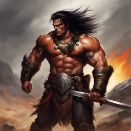 [war hammer] In the desolate steppe, Conan stands tall, Fierce eyes blazing, his grip tight on a warhammer's thrall. His hair wild, the wind whipping through, A warrior's gaze, piercing and true. Muscles honed by battles fought, Scars etched on his face, lessons hard-wrought. Warhammer gleaming, a weapon of might, Conan embodies strength, a force to ignite. Defiance and resilience in his every stance, A symbol of justice, ready to advance. With untamed power and unwavering will, Conan's legend g