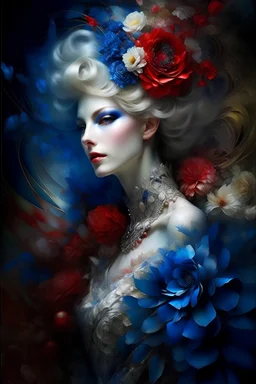 floral pattern, Raymond Swanland style, dark blue and red flowers, tiny diamonds and sapphires, pearls, fluffy white feathers, ivory blond curls, hyperrealistic, intricate details, elegant digital illustration, painting, transparent background, whimsical, pastel, butterflies, muted colors, silver shiny accents. Josephine Wall, Queen Anna, Gustav Klimt