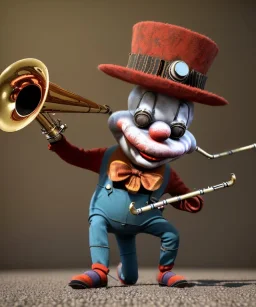 mechanoid happy friendly fat clown playing jazz with a steampunk theme, trumpet, realistic