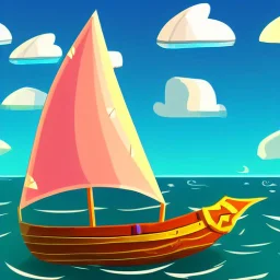 Small wooden ship, with bright sails, Legend Of Zelda: Wind Waker style, on a vast ocean, stylized, colorful, adventurous, full view.