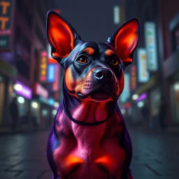 a PURPLE AND ORANGE DOG, BIOLUMINESENT, IN A DARK CITY , HIGH DEF, VRAY, 8K 3D