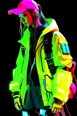 y2k, neon, fluo, cloth transparent, techwear, walkman, pop, blade runner