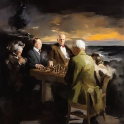 Putin, President Xi Of China And Joe Biden Play Chess With Atomic Bomb Mushroom Cloud,Complex Surgical Instruments Intermixed With A Newborn Boy,Minimalism,Painting By Adrian Ghenie,Rene Magritte,Pablo Picasso,Michelangelo,Salvador Dali,Lucian Freud