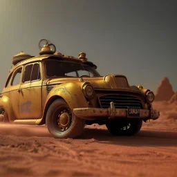 3d rendering. Steampunk futuristic yellow car. Buried in desert sand. Lost in Time, dramatic lighting, hyper realistic, cinematic lighting