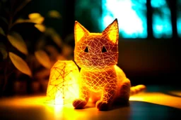 Against a dark cracked holographic marble background, a cute chibi plushy fluffy knitted and embroidered cat, tent, campfire, pond, mist and fog in sunshine, drawn in orange glowing neon lines. The cracks in the background are golden. Ethereal, cinematic postprocessing.