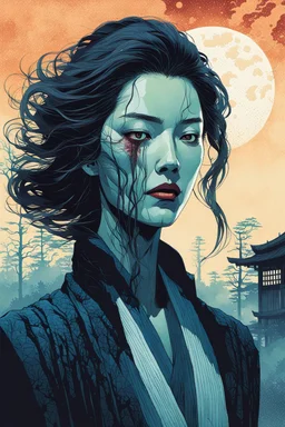 create an imaginative print illustration of an ethereal, otherworldly gaunt and withered ancient female Lasombra vampire , in the style of Hasui Kawase , Shiro Kasamatsu combined with the graphic novel style of Bill Sienkiewicz, with highly detailed feminine facial features