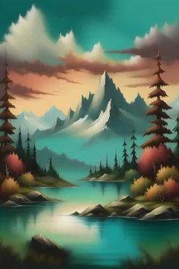 A mountainscape in the style of Bob Ross