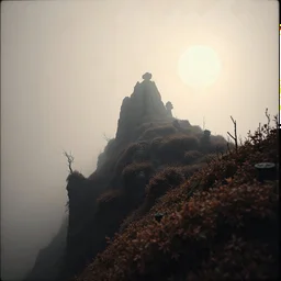 Close-up Ilford photograph of a creepy surreal landscape, rocky spur, eerie, no style, steep, autumn vegetation, very surreal, spooky, metaphysical objects, giant sun, intricate, thoughtful, appalling, deep 3d field, 8k, hypermaximalist, lot of fog