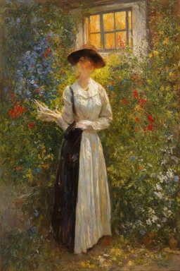 Night, vegetations, flowers, one woman, distant house, mistery, gothic horror films influence, gustave caillebotte, and gustave moreau paintings
