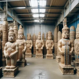 A tan factory with noxious gas designed in Hawaiian tiki statues painted by Karl Wiener