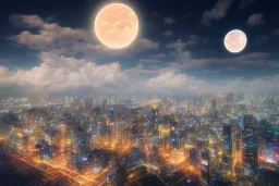 Japanese city with lights, digital art and a cube shaped moon at sky