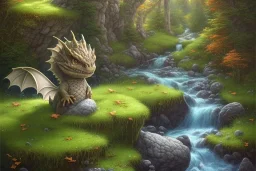 beautiful volumetric lush landscape environment and background, extreme macro close-up portrait of a single isolated cute baby dragon sitting on a stone within a highland streamlet, ripples, anime, realistic oil painting artwork, spindrift, highly detailed, small minutiae, tiny features, particulars, sharp lines, realistic shaded volumetric lighting, spume, 8k, uhd, zoom on dragon, concept and art by sam curry