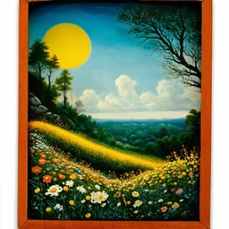 Polaroid photo of a peaceful marvelous landscape, trees, flowers, giant sun, bas-relief, decal, very spooky figure, intricate, rock formations, atmosphere of a Max Ernst painting, Henri Rousseau, thoughtful, interesting, a bit appalling, smooth