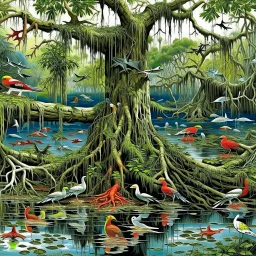Watched a show about the Everglades, and found this fascinating. Birds exist on the top of tree, and fish in the roots. Bing prompt: a beautiful mangrove tree , with the root system under water in the Everglades, with fish and creatures living in the twisted roots, the image shows the bottom in water and the top has a red duckbill bird and a white heron living in the top of tree.