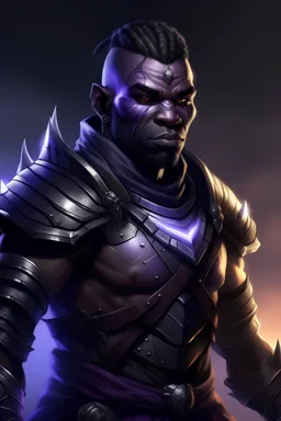 fantasy african male orc cleric with scarred skin and cornrowed black hair surrounded by glowing twilight wearing black and purple armor