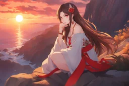 woman with long brown hair, red eyes, pale skin, highly detailed, intricate background, intricate face, sitting on a cliff during sunset, contemplative, anime style, Genshin Impact inspired, wears a Genshin Impact, pyro vision bracelet, dynamic composition