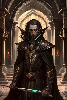 full length, mantle, background dark hall with columns, black cloth, holding a spear in his hand, dark green eyes, the character is not too close to the camera