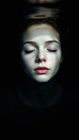 A peaceful, realistic woman with delicate features, softly glowing skin, and a serene expression, set against a pure black backdrop with gentle light. underwater with google